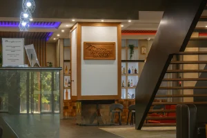 The lobby with the staircase to the upper floors